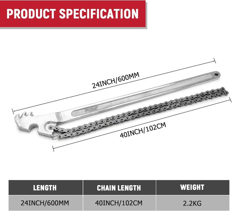 AUPREX 24 Inch Heavy Duty Carbon Steel Pipe Wrench, Fits Max 12 Inch Diameter, Adjustable Large Chain Oil Filter Wrench for Universal Use - Image 2